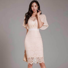 Bell Sleeves Lace Trimmed Midi Dress