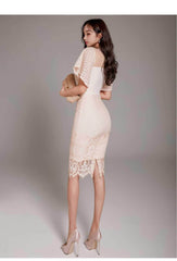 Bell Sleeves Lace Trimmed Midi Dress
