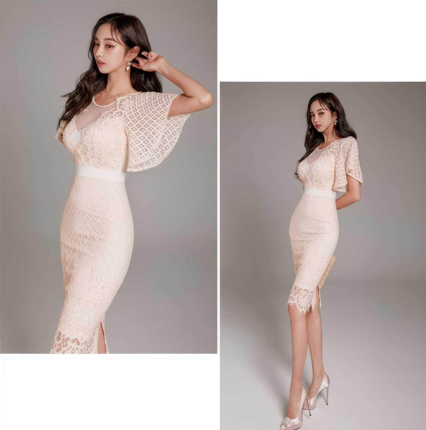 Bell Sleeves Lace Trimmed Midi Dress
