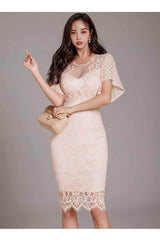 Bell Sleeves Lace Trimmed Midi Dress