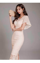 Bell Sleeves Lace Trimmed Midi Dress
