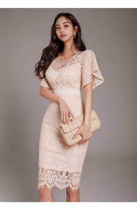 Bell Sleeves Lace Trimmed Midi Dress