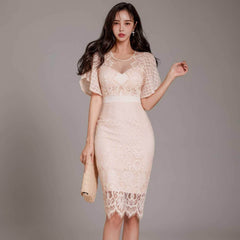 Bell Sleeves Lace Trimmed Midi Dress
