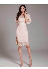 Bell Sleeves Lace Trimmed Midi Dress