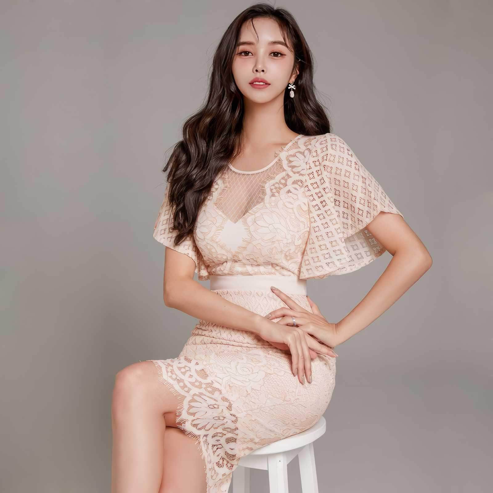 Bell Sleeves Lace Trimmed Midi Dress