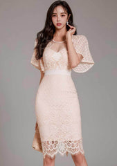 Bell Sleeves Lace Trimmed Midi Dress