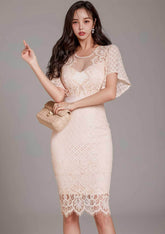 Bell Sleeves Lace Trimmed Midi Dress