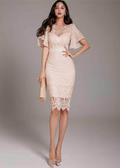 Bell Sleeves Lace Trimmed Midi Dress S / MistyRose