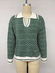 Front view of the green and white geometric collared sweater on a mannequin