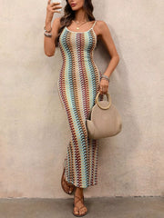 Khaki striped scoop neck bodycon midi dress worn on model, full front view
