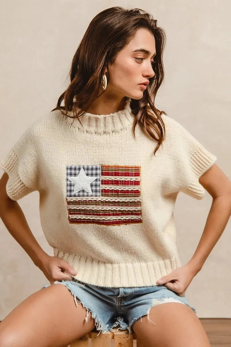 BiBi American Flag Patchwork Drop Shoulder Sweater