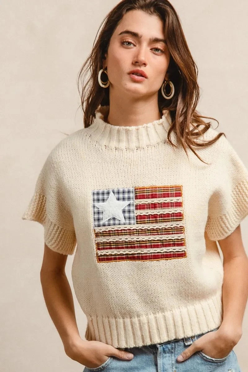 BiBi American Flag Patchwork Drop Shoulder Sweater