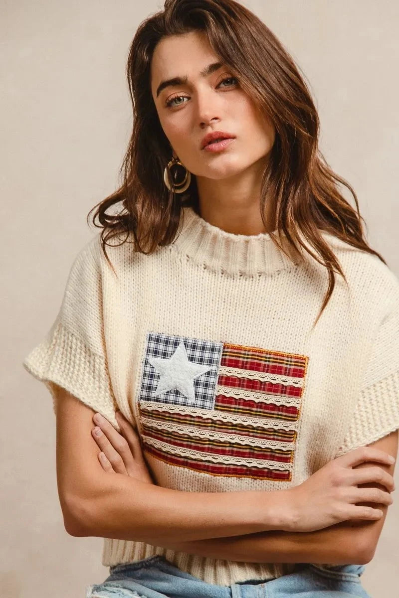 BiBi American Flag Patchwork Drop Shoulder Sweater