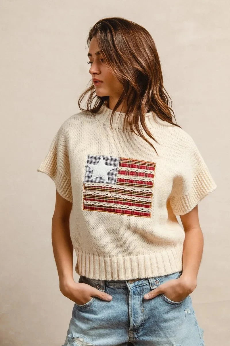 BiBi American Flag Patchwork Drop Shoulder Sweater