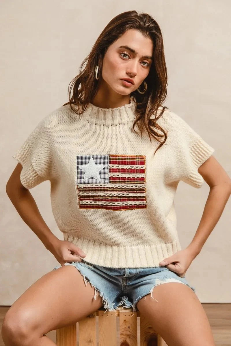 BiBi American Flag Patchwork Drop Shoulder Sweater