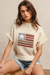 BiBi American Flag Patchwork Drop Shoulder Sweater OATMEAL / S