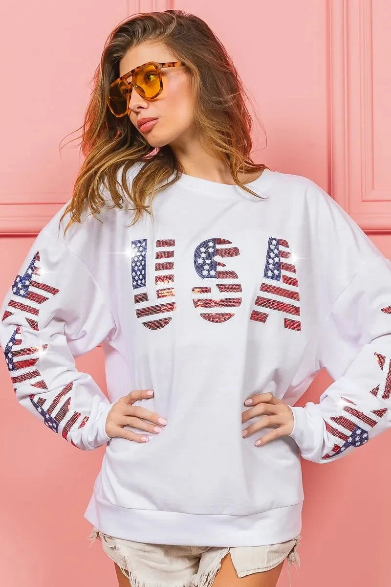 BiBi American Flag USA and Star Sequin Sweatshirt
