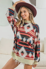 BiBi Aztec Print Mirr Mock Neck Lslv Top