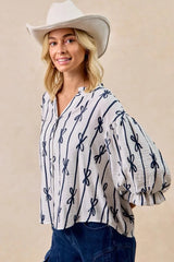 BiBi Bow Ribbon Printed Woven Bubble Sleeves Top