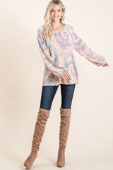 BiBi Brushed Tie Dye Print Top with Puff Sleeves