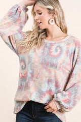 BiBi Brushed Tie Dye Print Top with Puff Sleeves