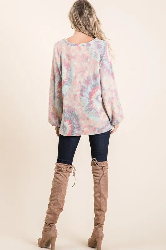 BiBi Brushed Tie Dye Print Top with Puff Sleeves