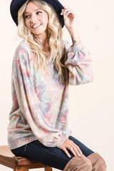 BiBi Brushed Tie Dye Print Top with Puff Sleeves