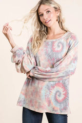 BiBi Brushed Tie Dye Print Top with Puff Sleeves