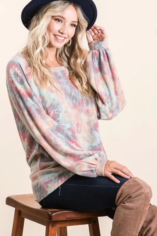 BiBi Brushed Tie Dye Print Top with Puff Sleeves TIE DYE / S