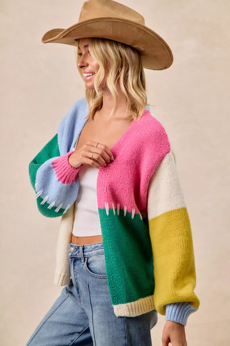 BiBi Color Block Open Front Sweater Cardigan