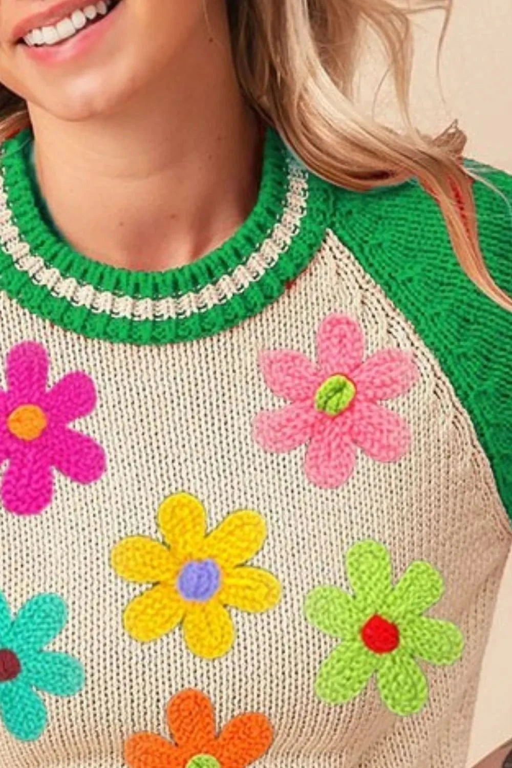 BiBi Crochet Flower Patches Striped Rib Band Sweater