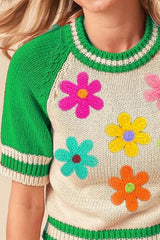 BiBi Crochet Flower Patches Striped Rib Band Sweater