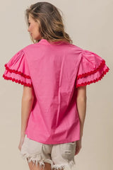 BiBi Dot Trim Flutter Sleeve Notched Top