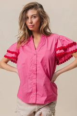BiBi Dot Trim Flutter Sleeve Notched Top