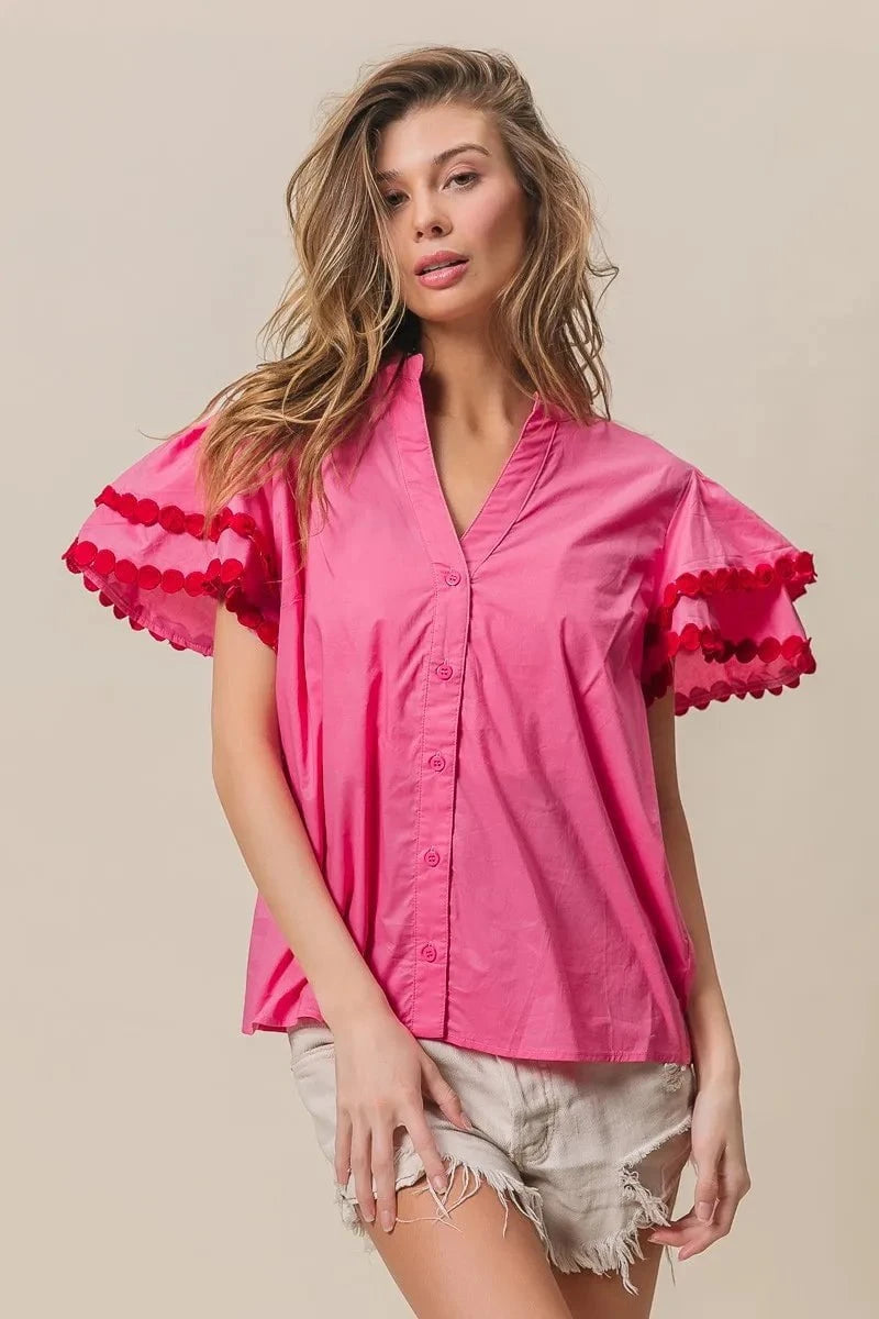 BiBi Dot Trim Flutter Sleeve Notched Top