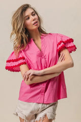 BiBi Dot Trim Flutter Sleeve Notched Top