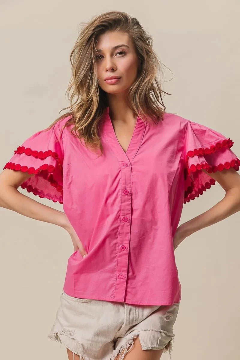 BiBi Dot Trim Flutter Sleeve Notched Top