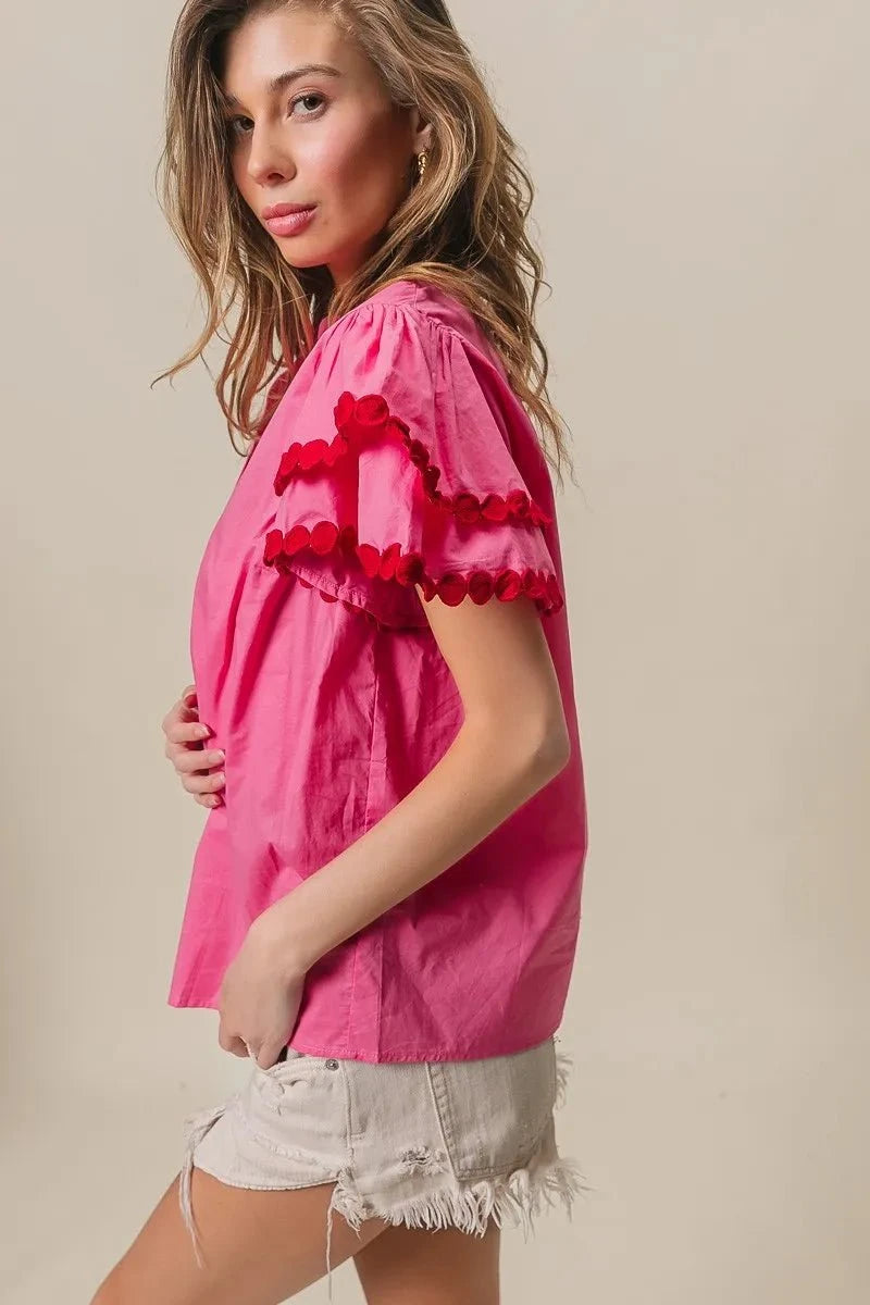BiBi Dot Trim Flutter Sleeve Notched Top