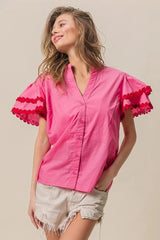 BiBi Dot Trim Flutter Sleeve Notched Top