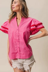 BiBi Dot Trim Flutter Sleeve Notched Top