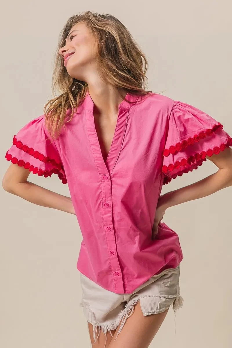 BiBi Dot Trim Flutter Sleeve Notched Top