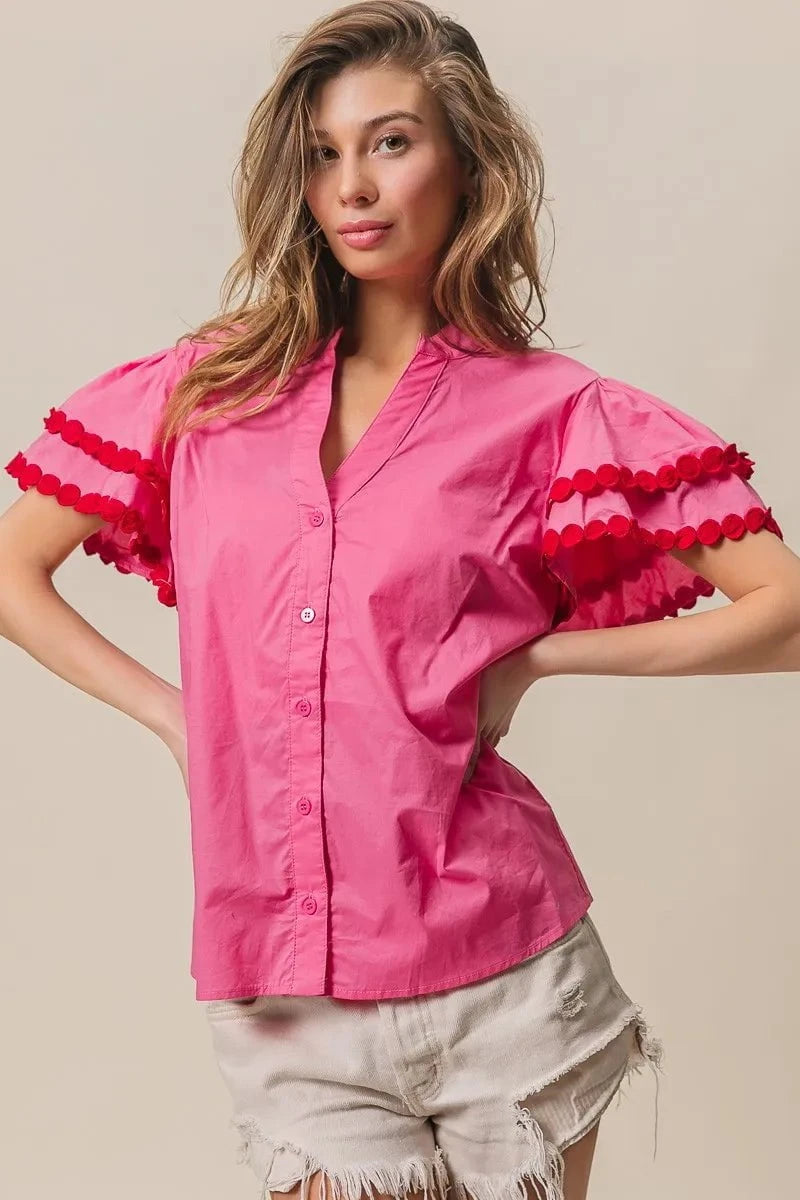 BiBi Dot Trim Flutter Sleeve Notched Top FUCHSIA/RED / S
