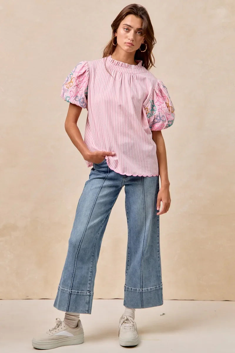 BiBi Embroidery Bubble Sleeve Top With Bottom Scallop Detail