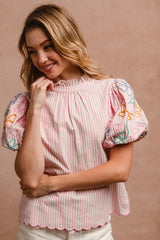 BiBi Embroidery Bubble Sleeve Top With Bottom Scallop Detail