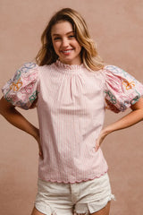 BiBi Embroidery Bubble Sleeve Top With Bottom Scallop Detail