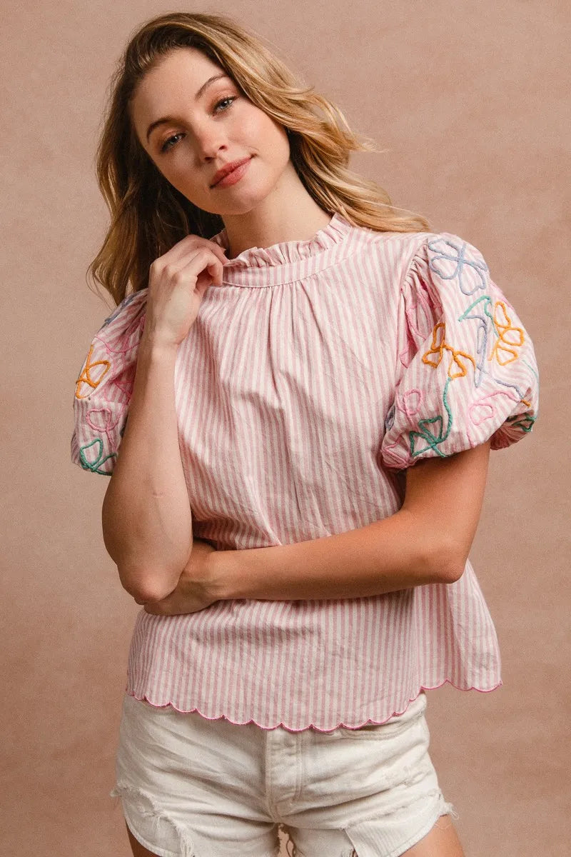 BiBi Embroidery Bubble Sleeve Top With Bottom Scallop Detail