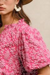 BiBi Floral Pattern Texture Short Balloon Sleeves Ruffled Blouse