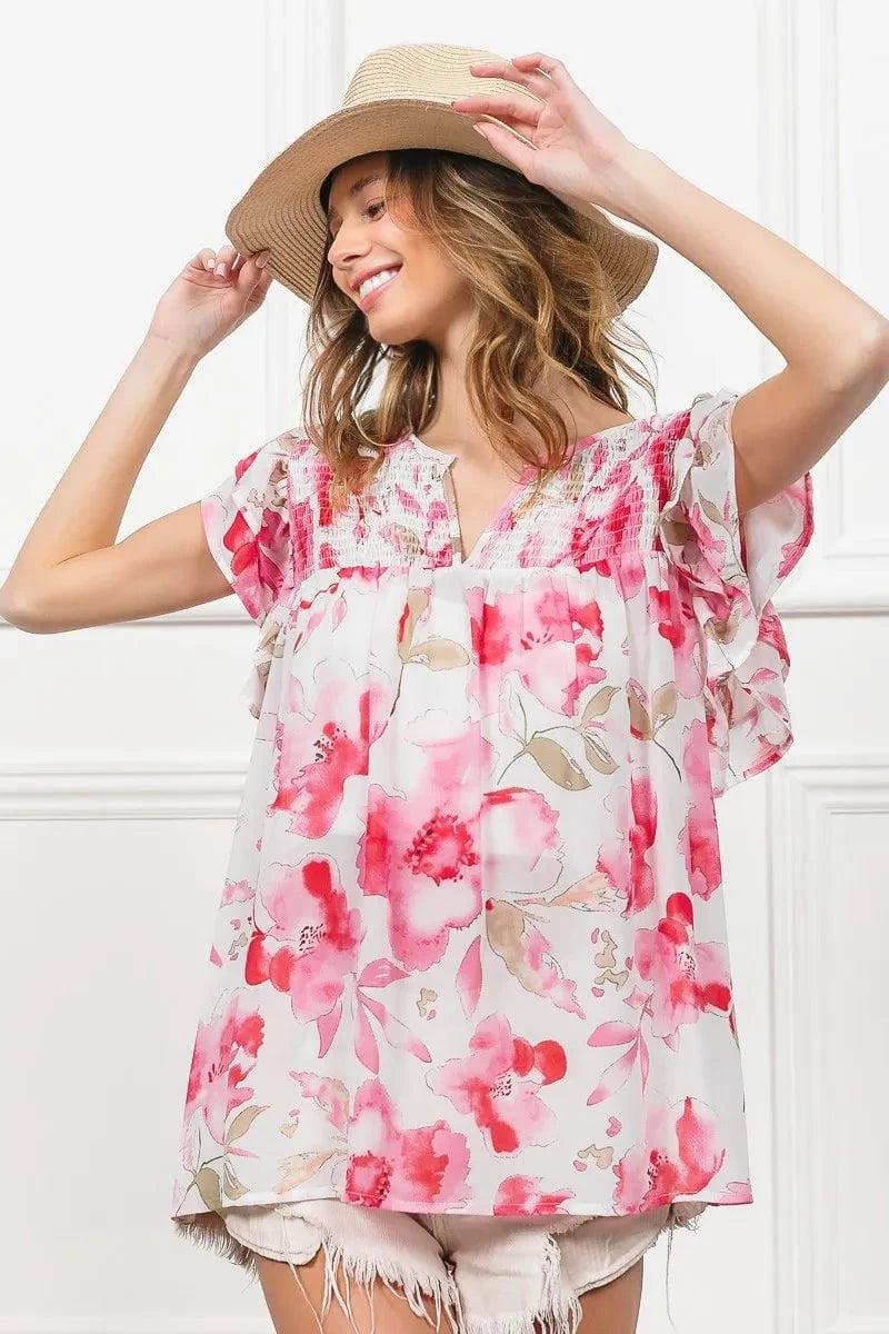 BiBi Floral Print Flutter Sheer Top