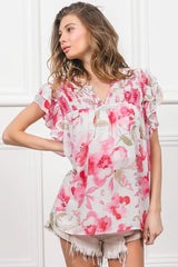 BiBi Floral Print Flutter Sheer Top