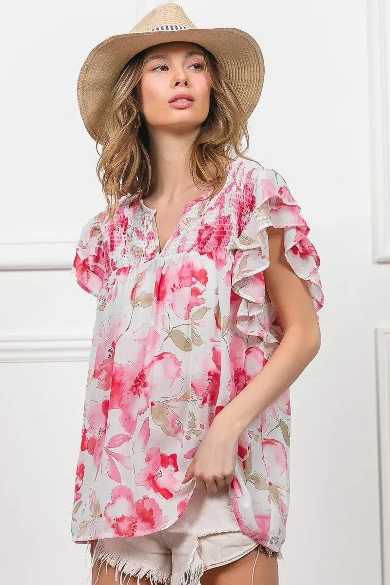 BiBi Floral Print Flutter Sheer Top